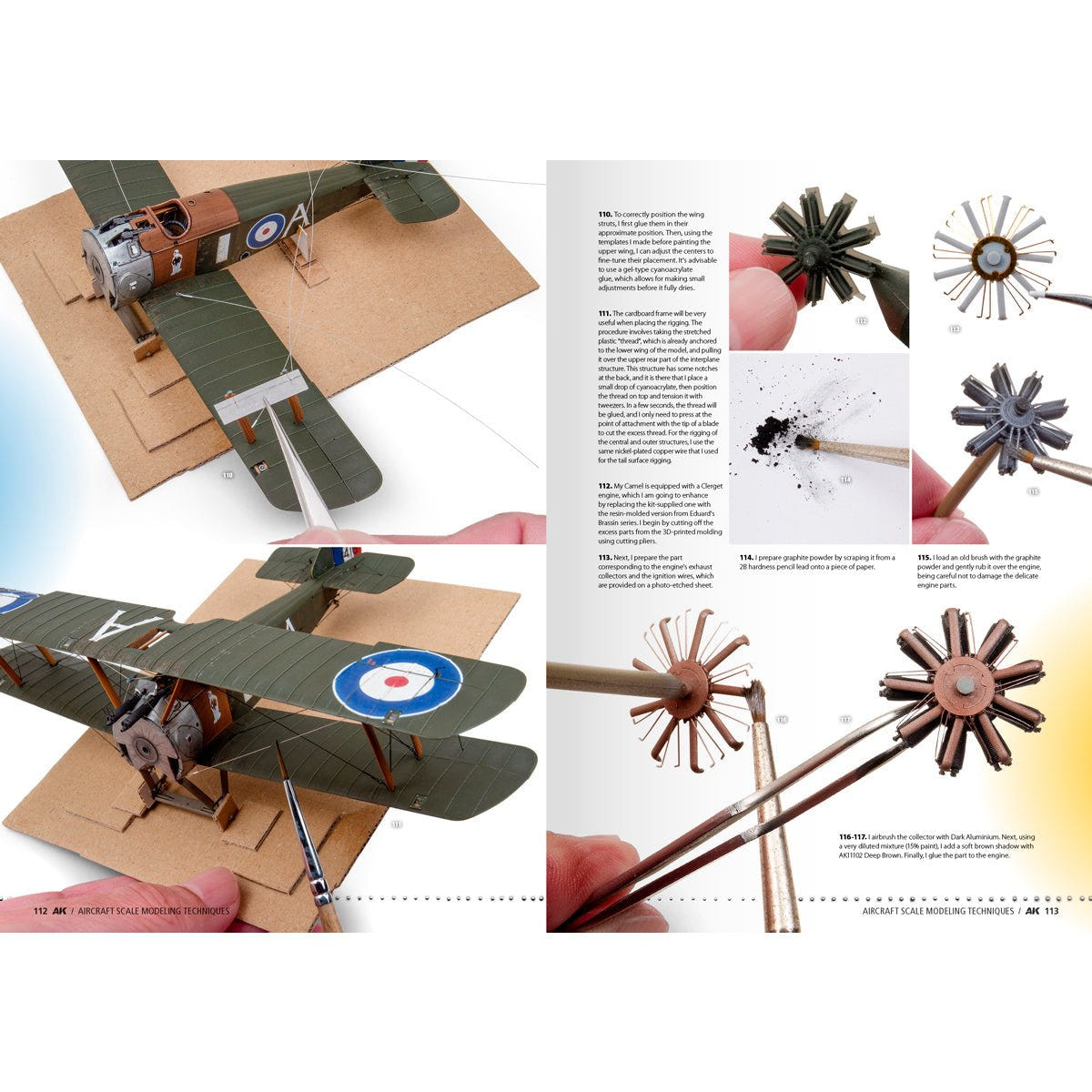 AK Aircraft Scale Modeling Techniques spread with a WWI biplane model and rotary engine painting steps