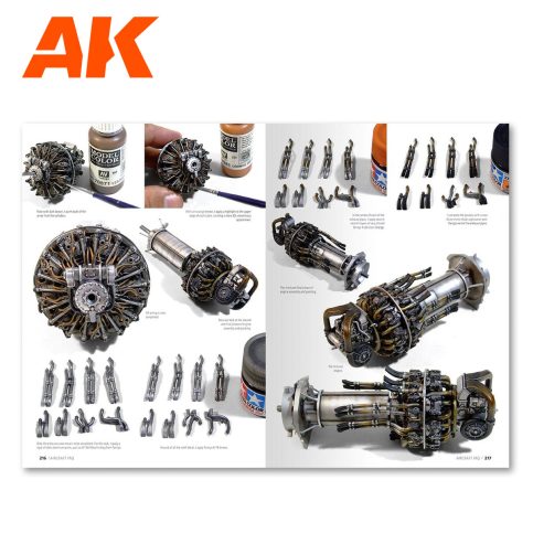 Aircraft Scale Modelling FAQ book pages showing a weathered radial engine build