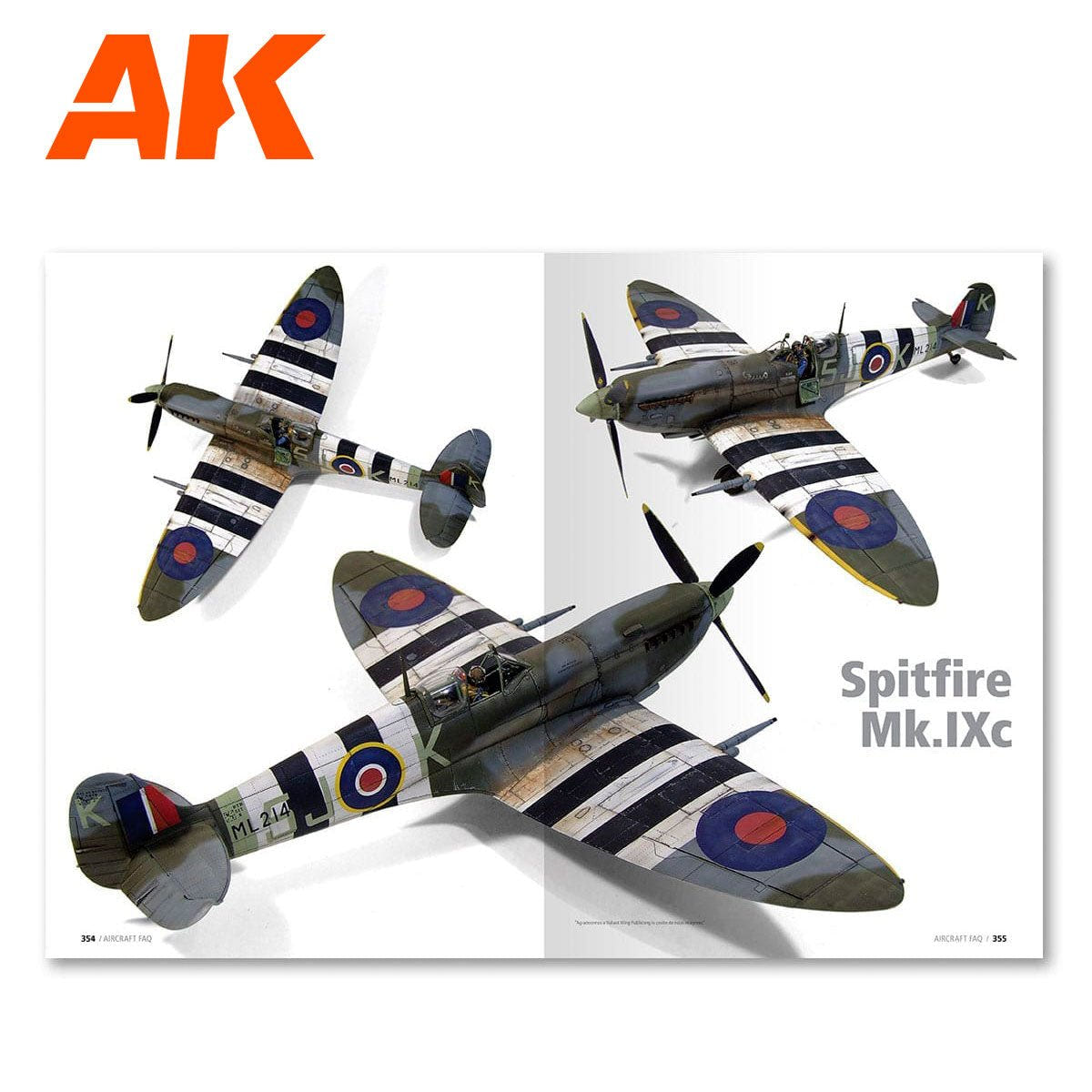 AK Interactive Aircraft FAQ page featuring finished Spitfire Mk.IXc models with invasion stripes