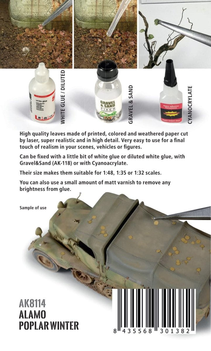 AK Interactive Alamo Poplar Winter (AK8114) packaging back showing laser-cut paper leaves on a model truck