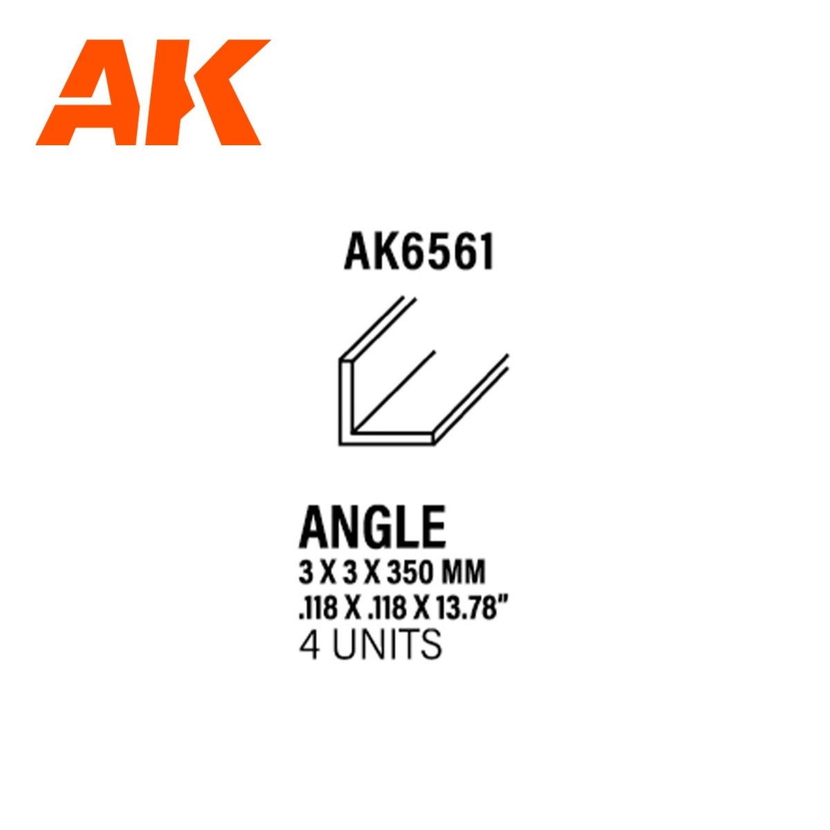 AK Interactive AK6561 styrene angle spec graphic listing 3 x 3 x 350mm, 4 units per pack