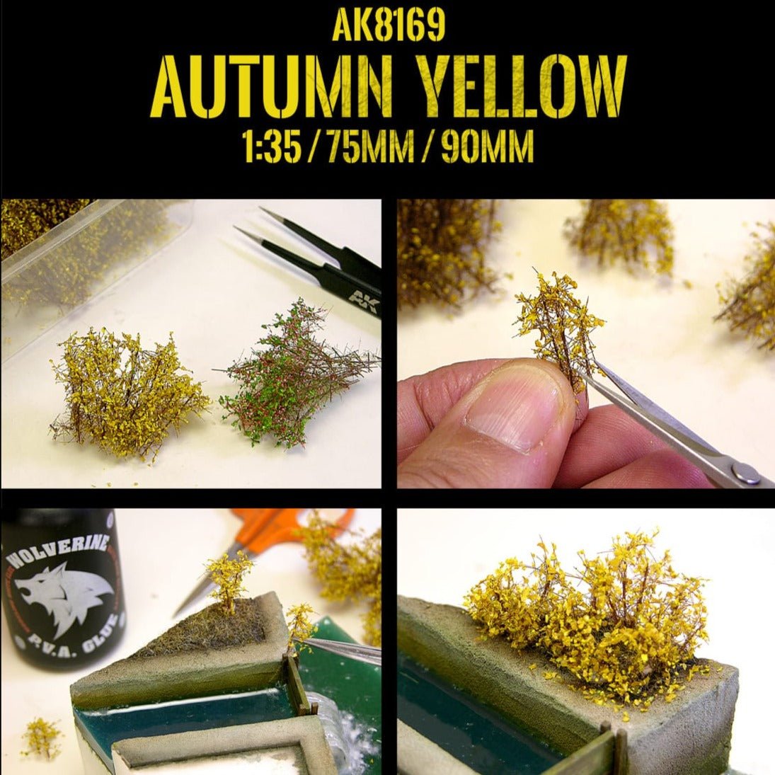 AK8169 Autumn Yellow shrubberies being cut and fitted to a diorama base with tweezers