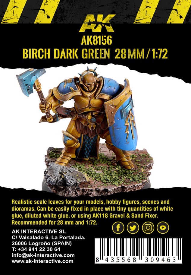 AK Interactive AK8156 Birch Dark Green leaves pack back with a painted miniature on a leafy base