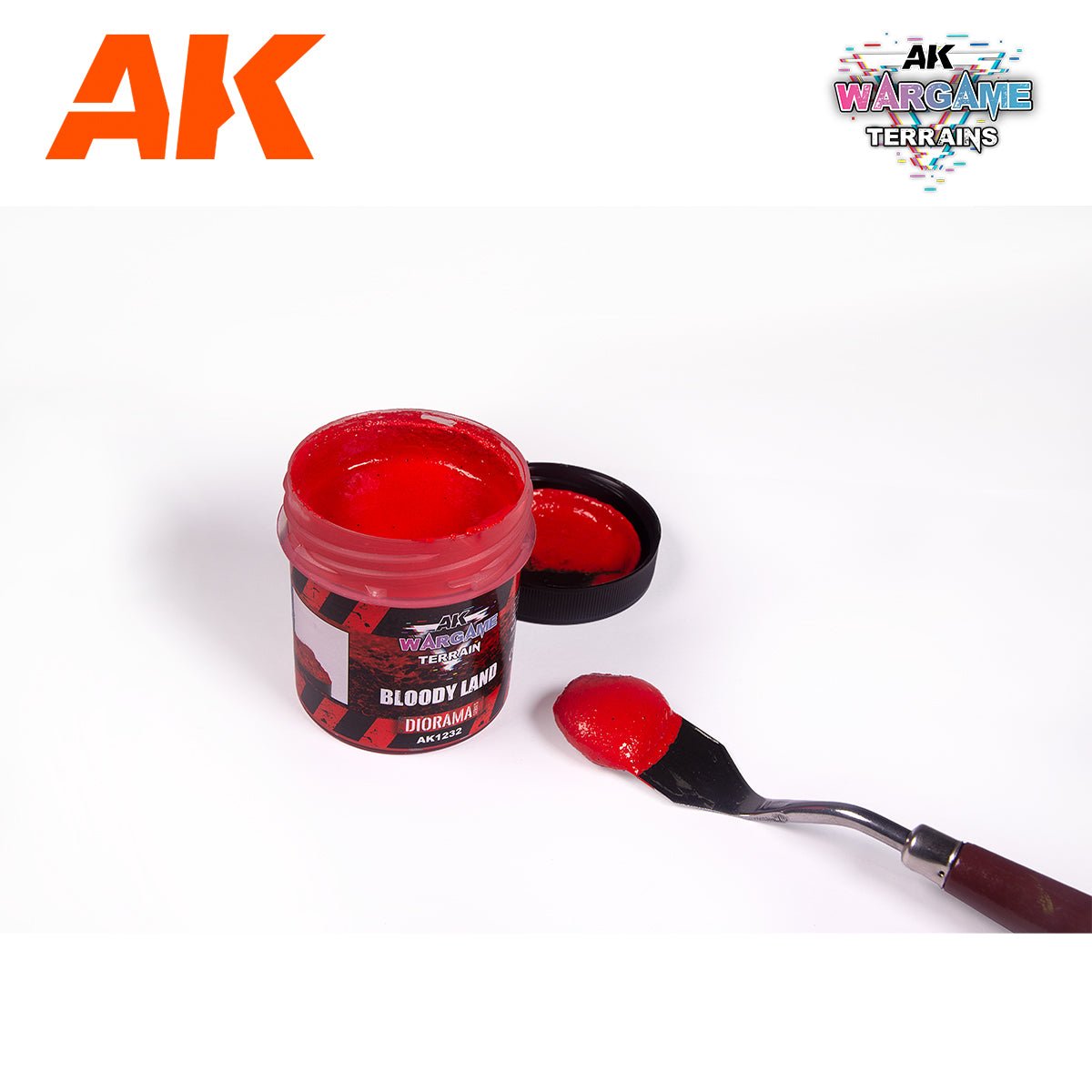 AK Interactive Bloody Land Wargame Terrains 100ml pot opened with red paste on a palette knife
