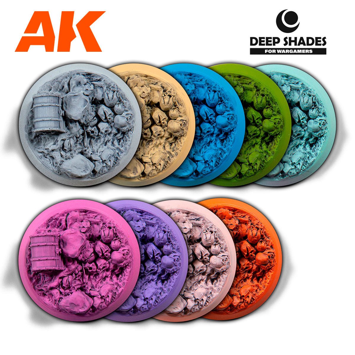 AK Interactive Deep Shades for Wargamers range shown on textured bases, including a blue shade
