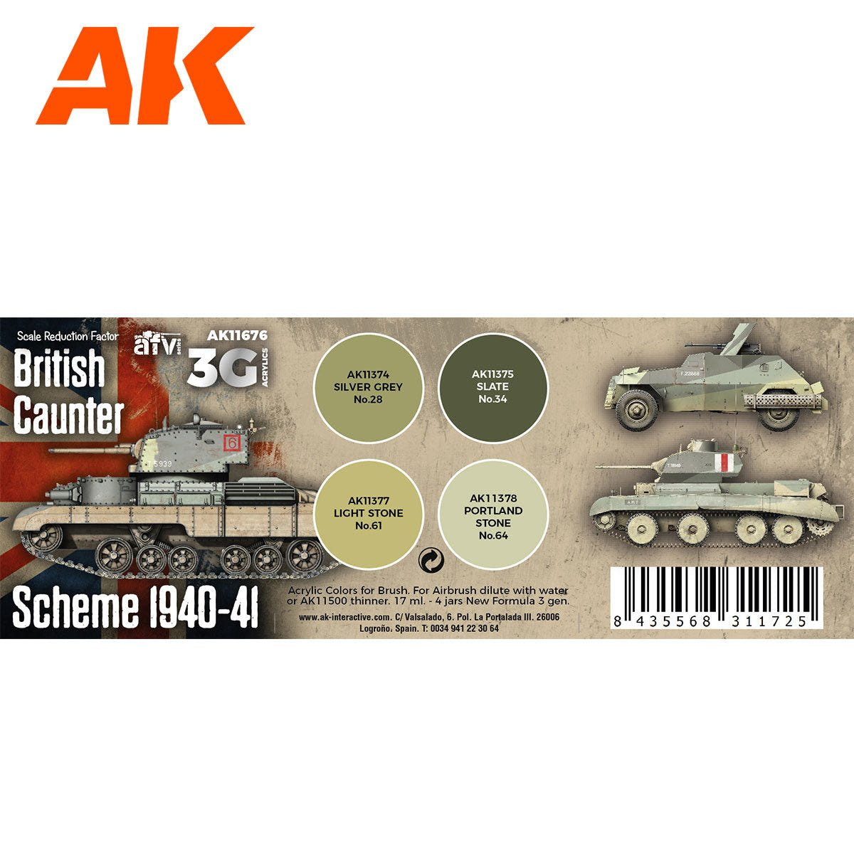AK Interactive British Caunter Scheme 1940-1941 3rd Gen paint set box showing four colours and painted tanks