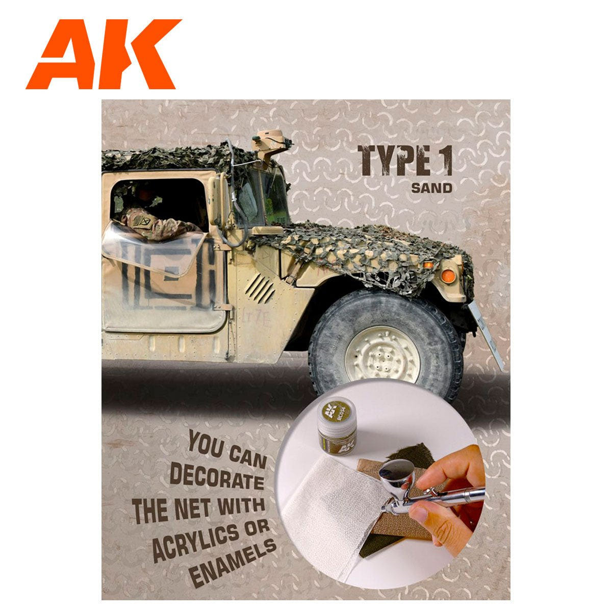 AK Interactive Camouflage Net Type 1 Sand 1/35 packaging with a netted military vehicle