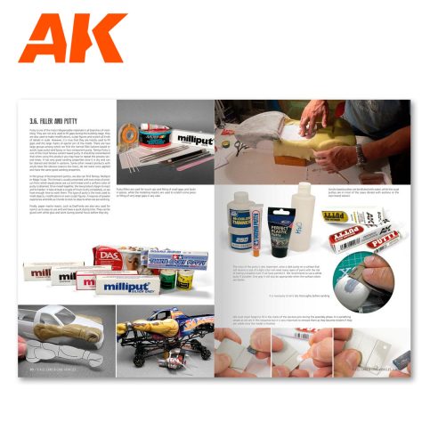 AK Interactive Cars FAQ pages on fillers and putty, including Milliput, for bodywork