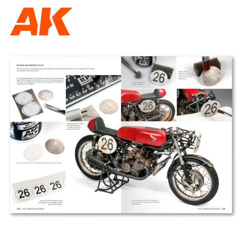 AK Interactive Cars FAQ pages featuring a detailed red racing motorcycle model numbered 26
