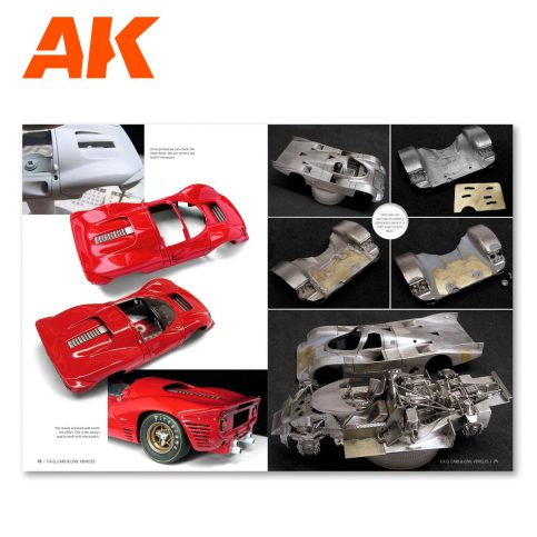 AK Interactive Cars FAQ pages showing red sports car body and chassis construction