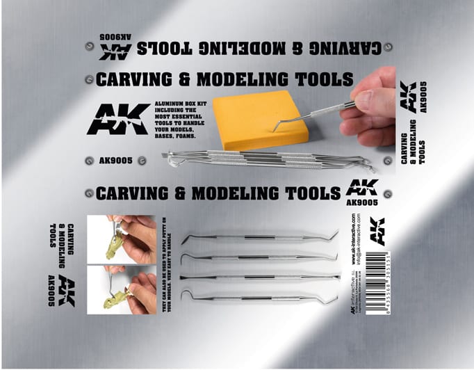 AK Interactive Carving and Modeling Tools AK9005 tin lid graphics showing the tools in use