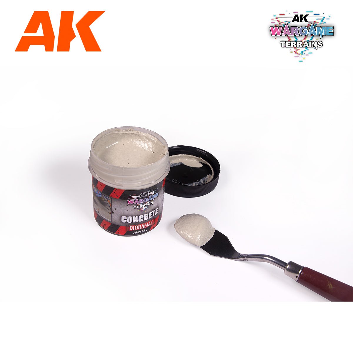 AK Interactive Concrete Wargame Terrains 100ml pot with grey textured paste on a spatula