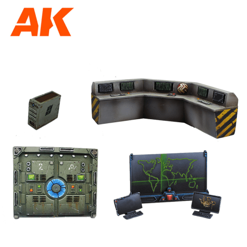 AK Interactive Control Stage resin wargame set, painted command console, doors, crates and monitors