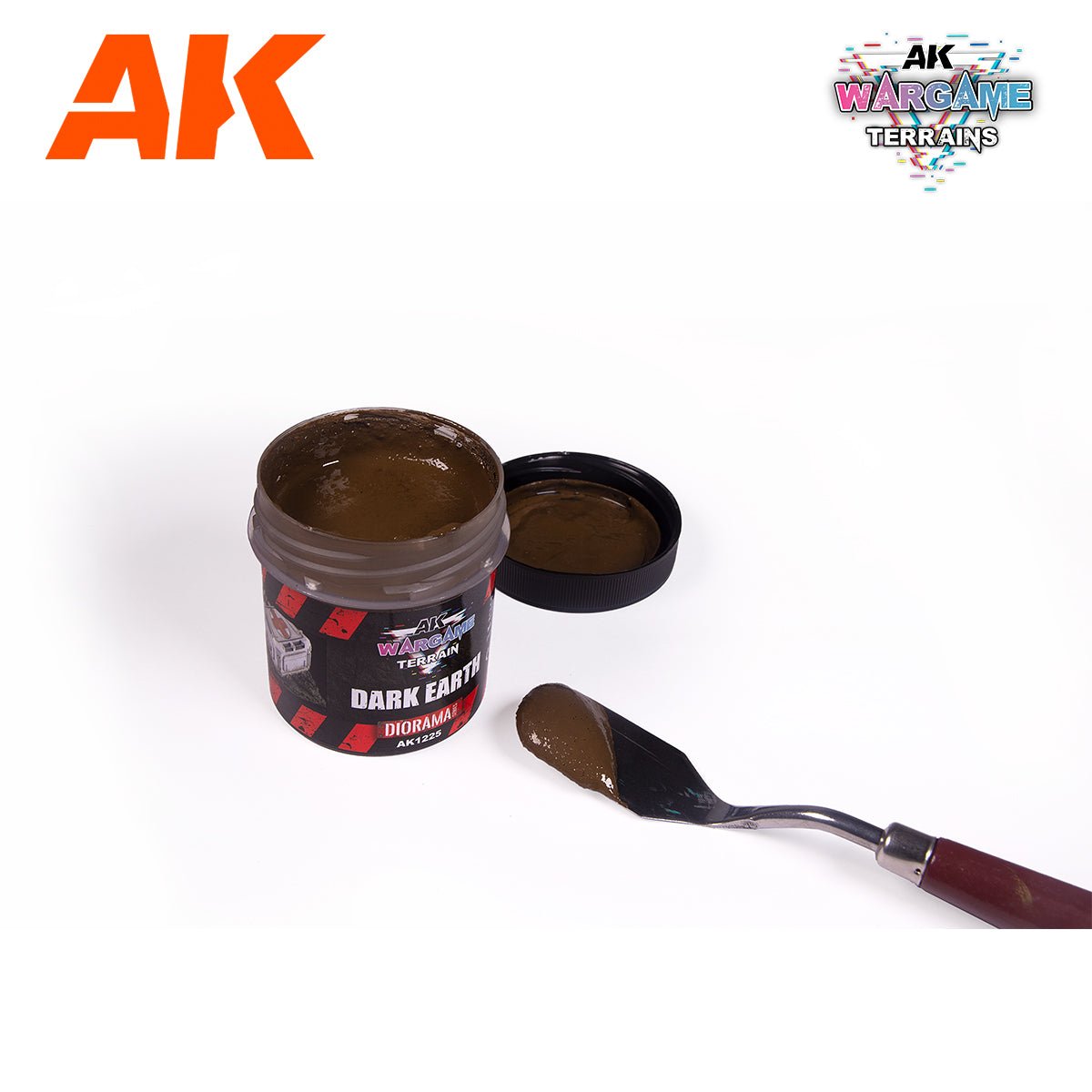 AK Interactive Dark Earth Wargame Terrains 100ml pot with brown textured paste on a spatula