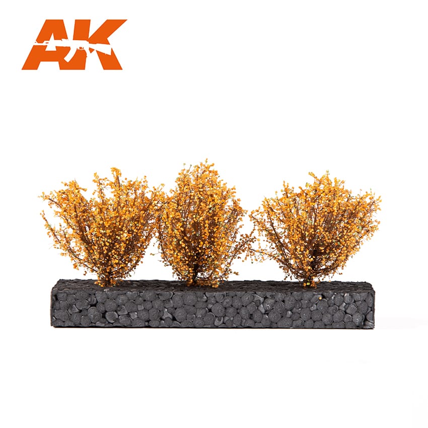 AK Interactive AK8217 dark yellow bushes, three 4-6cm scenic bushes on a planting strip