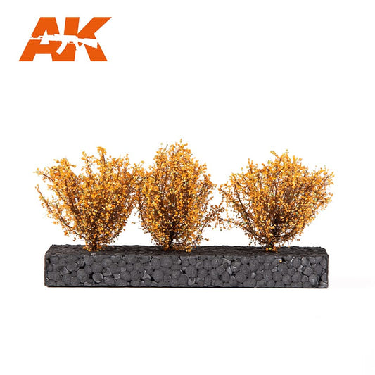 AK Interactive AK8217 dark yellow bushes, three 4-6cm scenic bushes on a planting strip