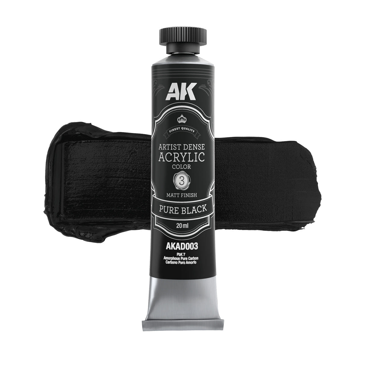 AK Interactive Artist Dense Acrylic Pure Black 20ml tube with a paint swatch