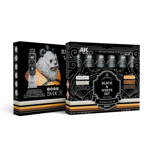 AK Dense Acrylic tube paint Black & White Set (6 Tubes)