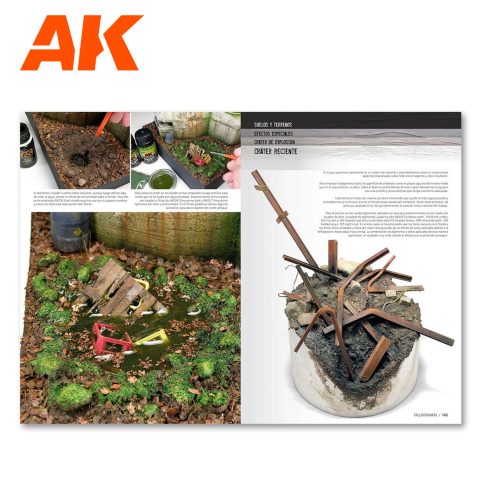 AK Dioramas FAQ sample pages: shell crater with jungle foliage and wooden wreckage