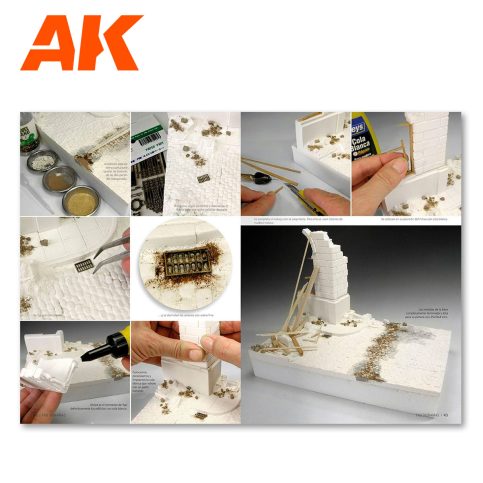 AK Interactive Dioramas FAQ sample pages showing step-by-step building of a ruined wall scene