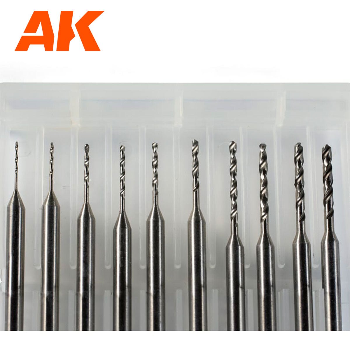 Close-up of the ten AK Interactive fine drill bits for pin vice modelling work