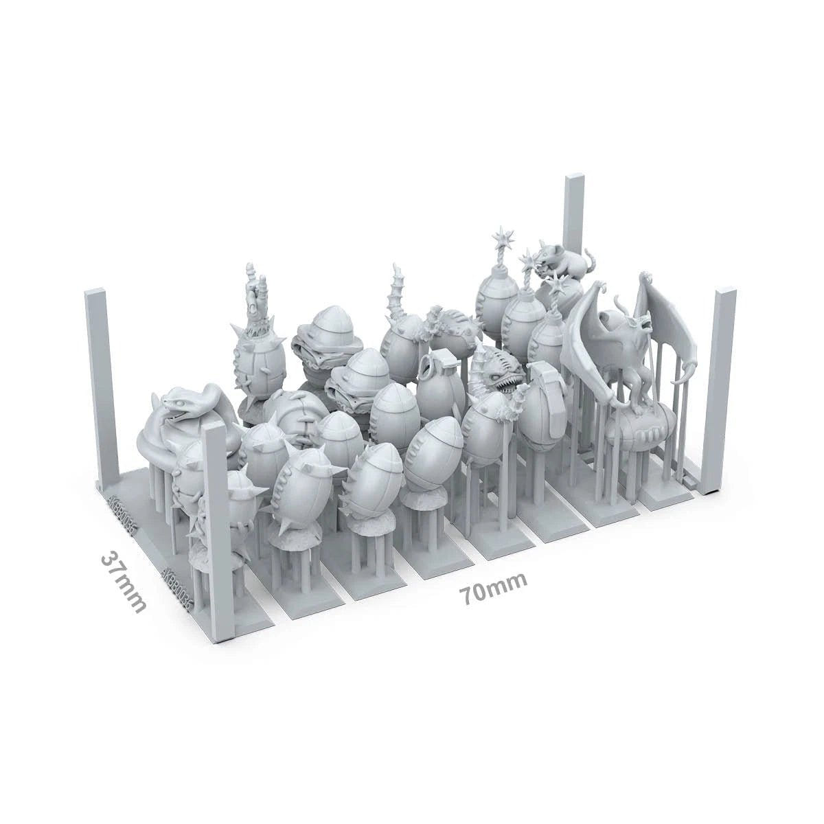 AK Interactive Fantasy Football Balls resin basing bits on print supports, 70mm by 37mm size guide