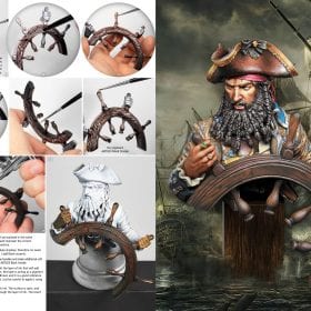 Figures F.A.Q. pages painting a pirate captain bust with ship's wheel