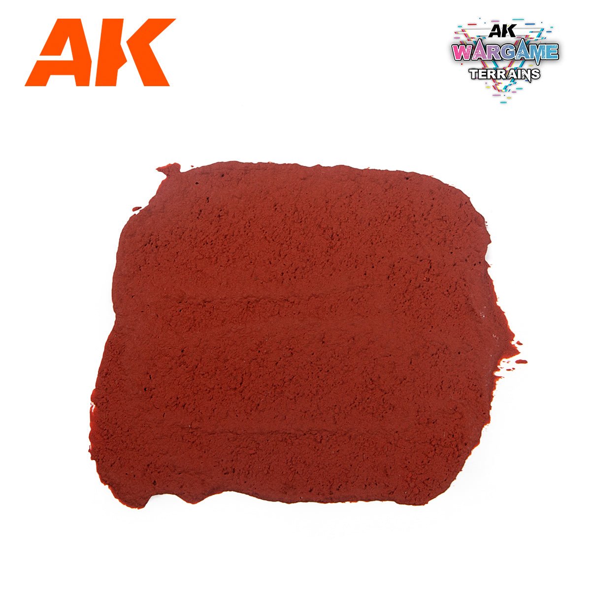 Swatch of AK Interactive Fire Land textured terrain paste spread out, showing red-orange finish