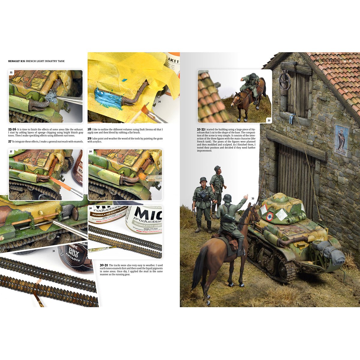 AK Interactive French Armour guide page spread with weathering steps and a painted French tank diorama