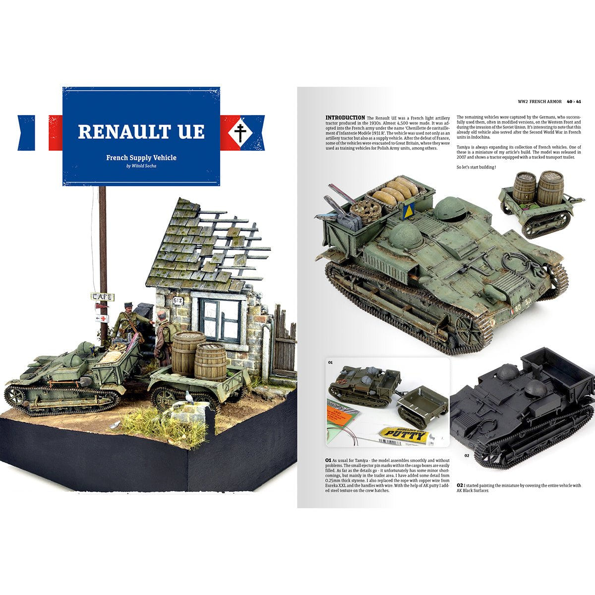 AK Interactive French Armour guide spread on the Renault UE supply vehicle with painted models