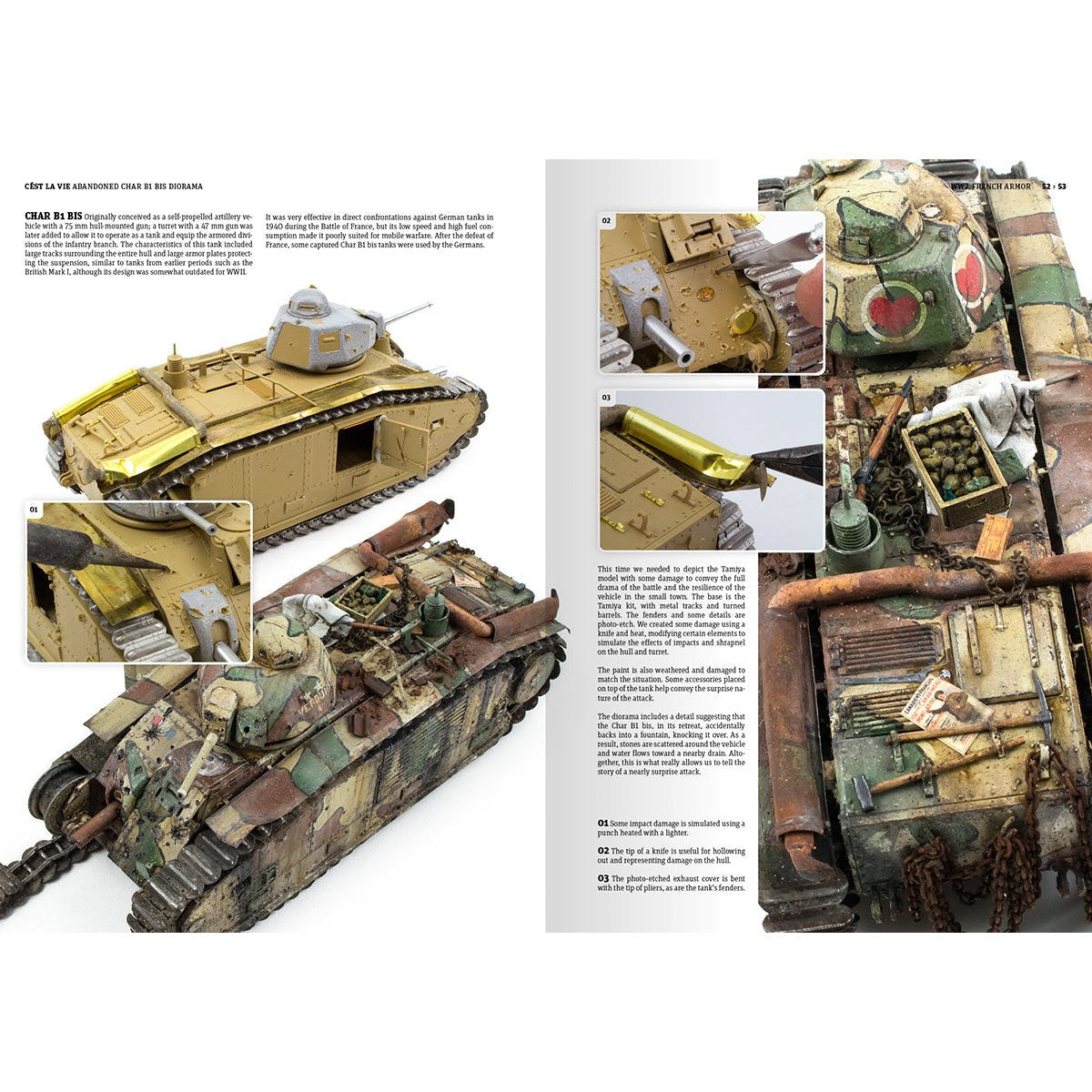 AK Interactive French Armour guide spread showing a weathered 1:35 Char B1 tank build