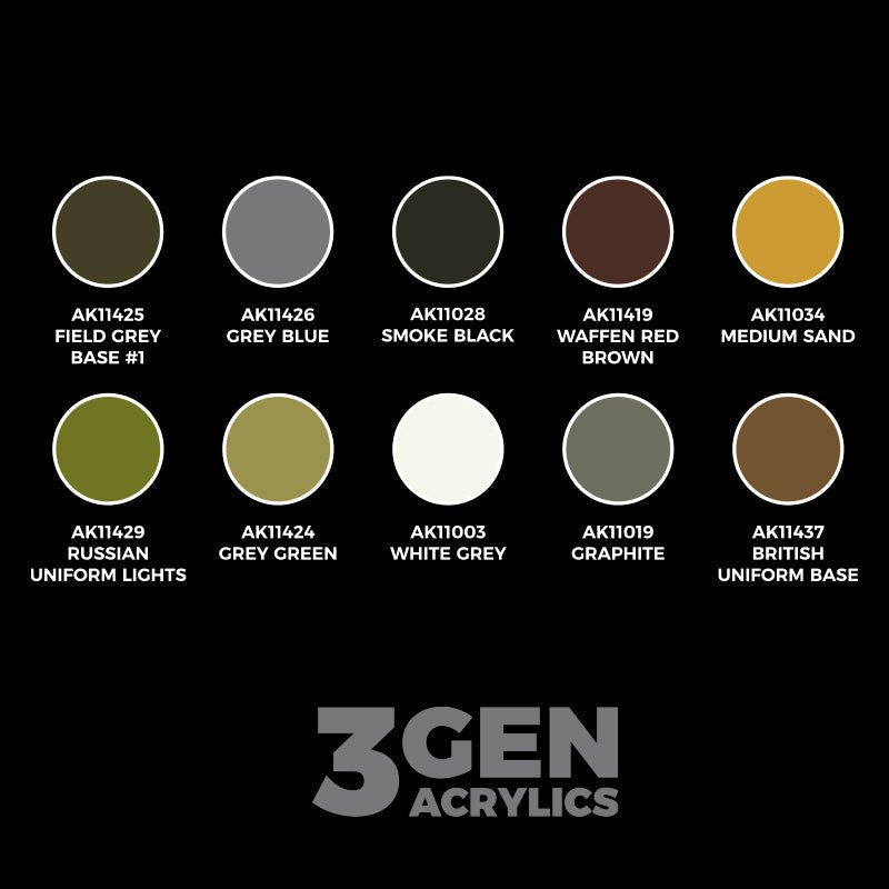 AK Panzergrenadier set colour swatches, from Field Grey Base to British Uniform Base
