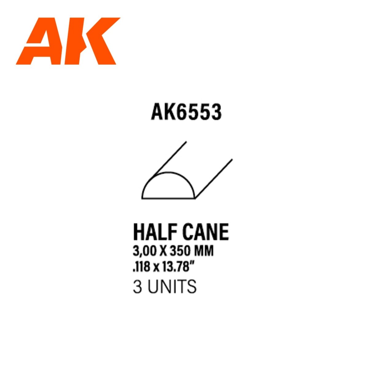 AK Interactive AK6553 half cane styrene strip diagram, 3.00 x 350mm, pack of 3 units