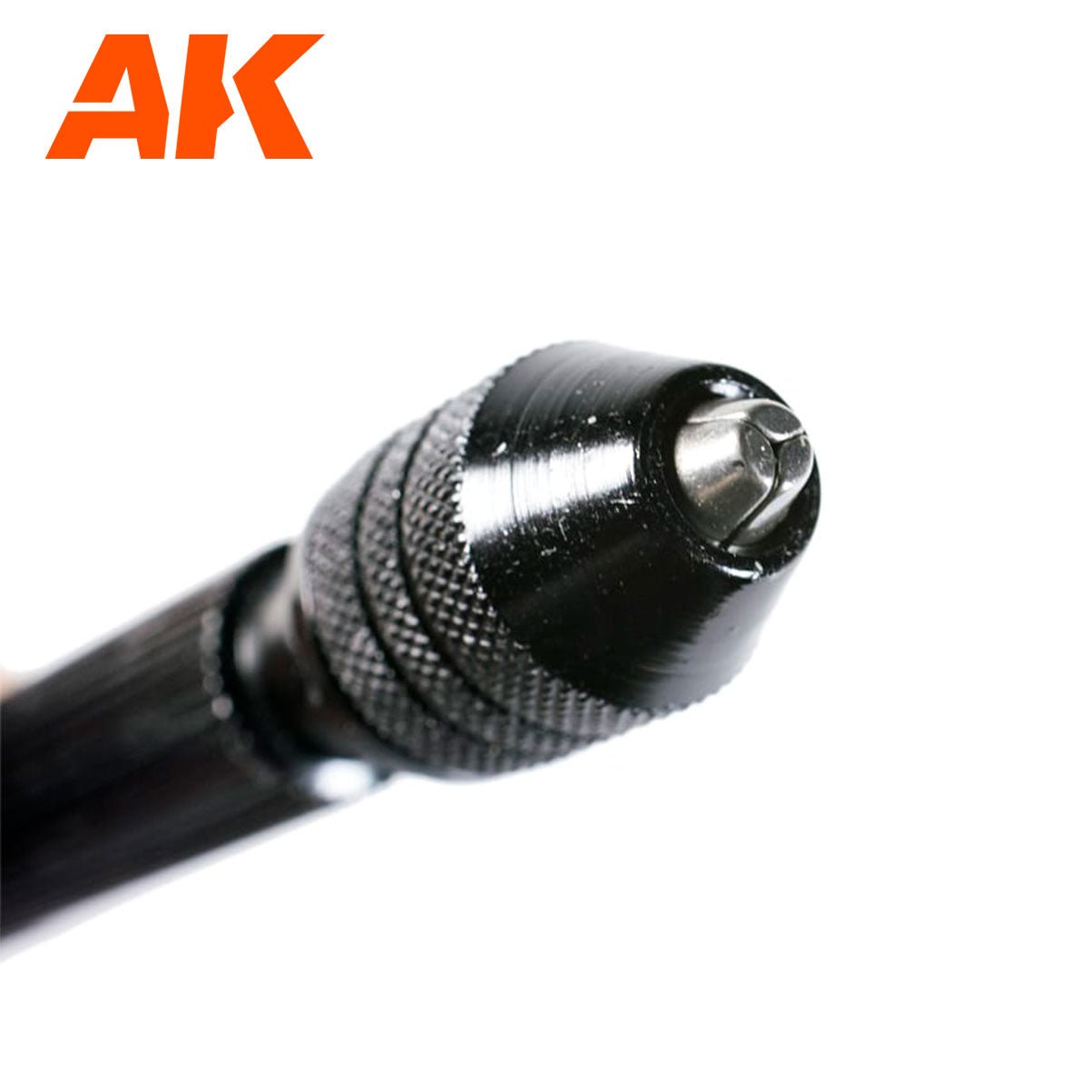 Close-up of the AK Interactive AK9006 hand drill's knurled chuck and collet