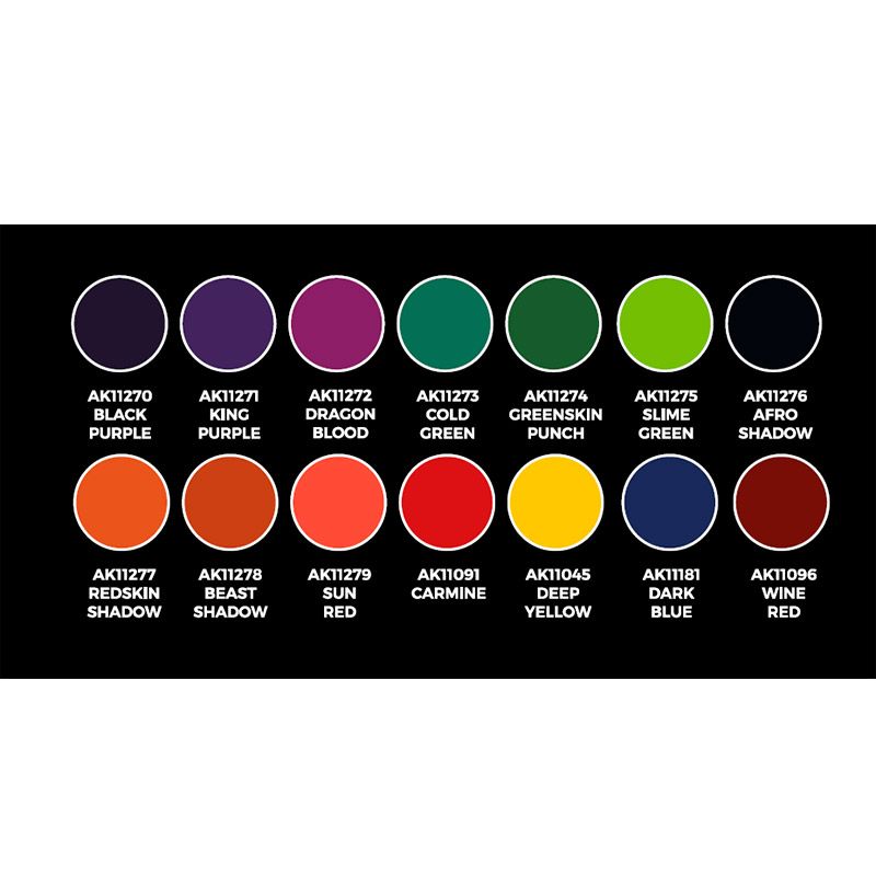 Colour chart for the AK Interactive High Pigmentation Set showing all 14 shades with names