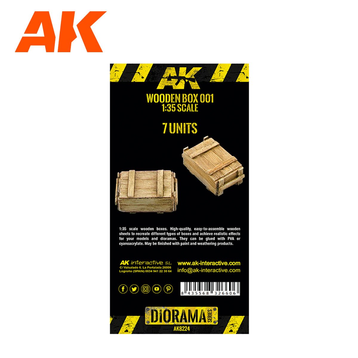 AK Interactive Wooden Box 001 1:35 laser-cut crates AK8224 pack, seven units, with assembled crates