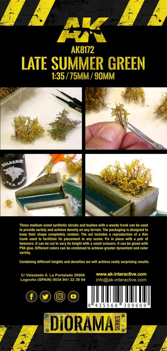 AK Interactive AK8172 Late Summer Green Shrubberies pack showing the shrubs being glued on a diorama