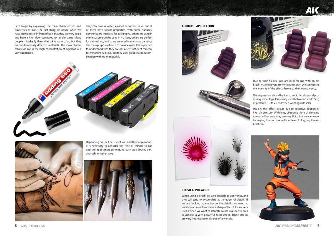 AK Learning Series Inks in Modelling book pages introducing inks, pens and brush application
