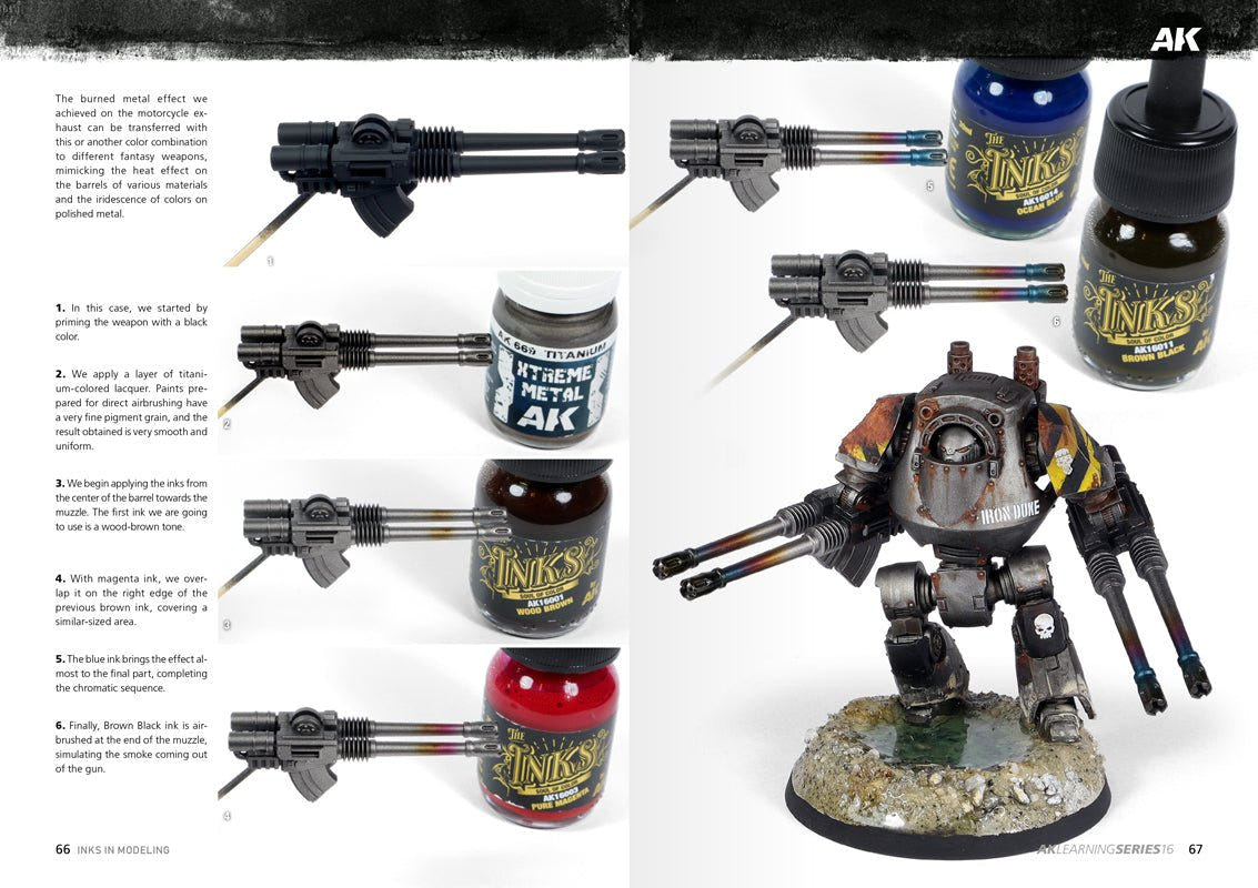 Inks in Modelling spread showing inks applied to a gun barrel and a painted mech model