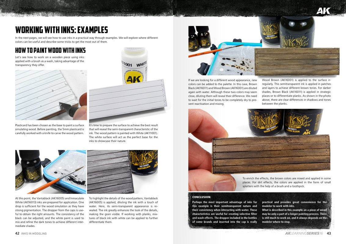 Inks in Modelling book spread with an inks comparison table and painting wood with inks