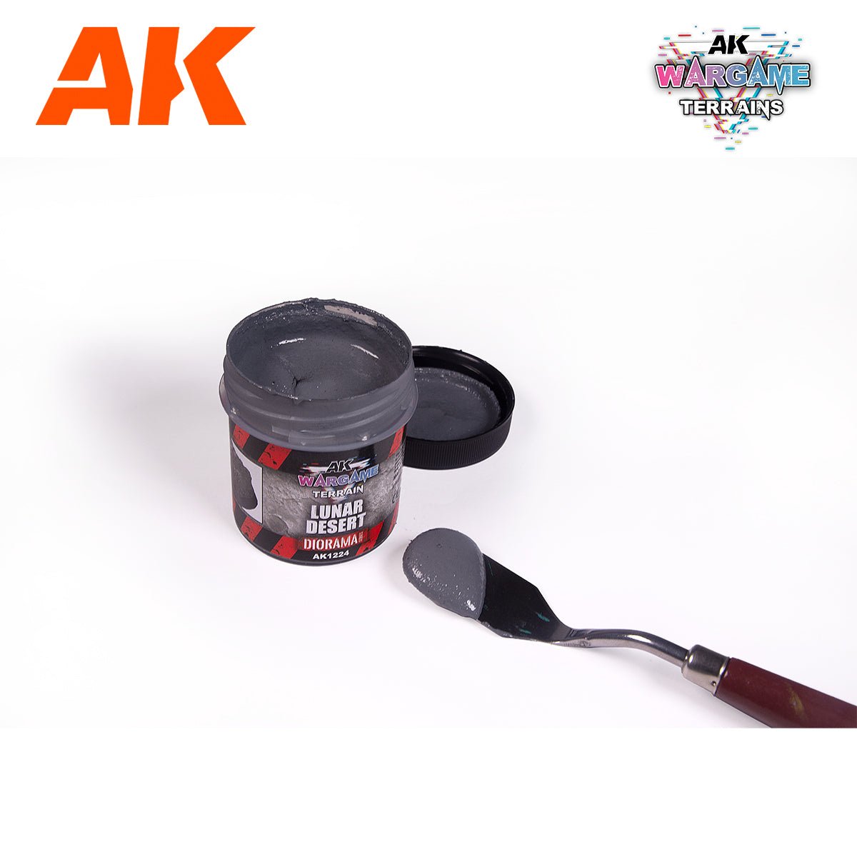 AK Interactive Lunar Desert Wargame Terrains 100ml pot opened, with a spatula of textured grey paste