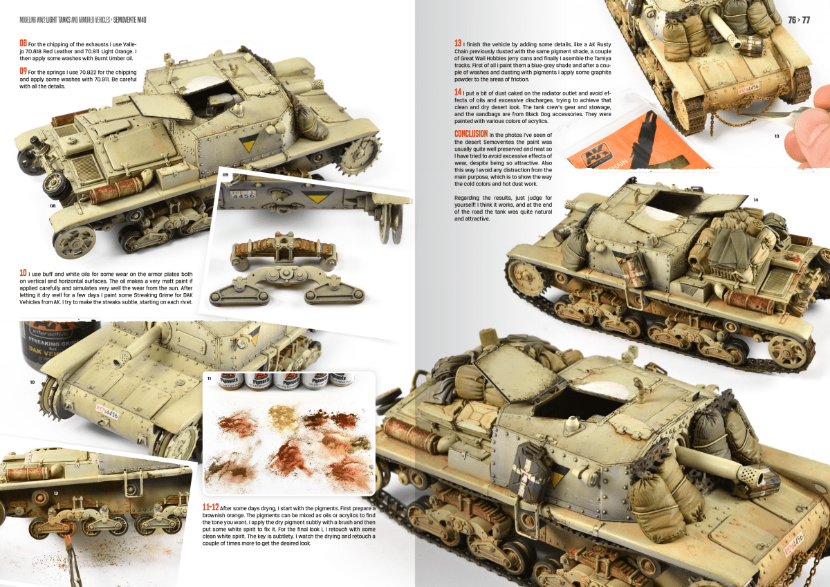 AK Interactive WW2 light armour book spread on a sand-coloured vehicle with stowage and weathering