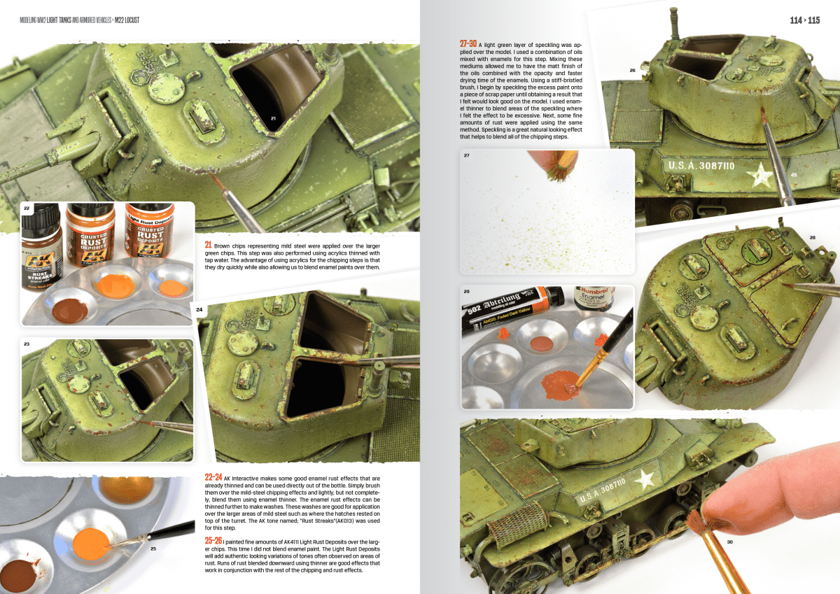 Modelling WW2 Light Tanks book pages showing a green light tank weathered with oils and a brush