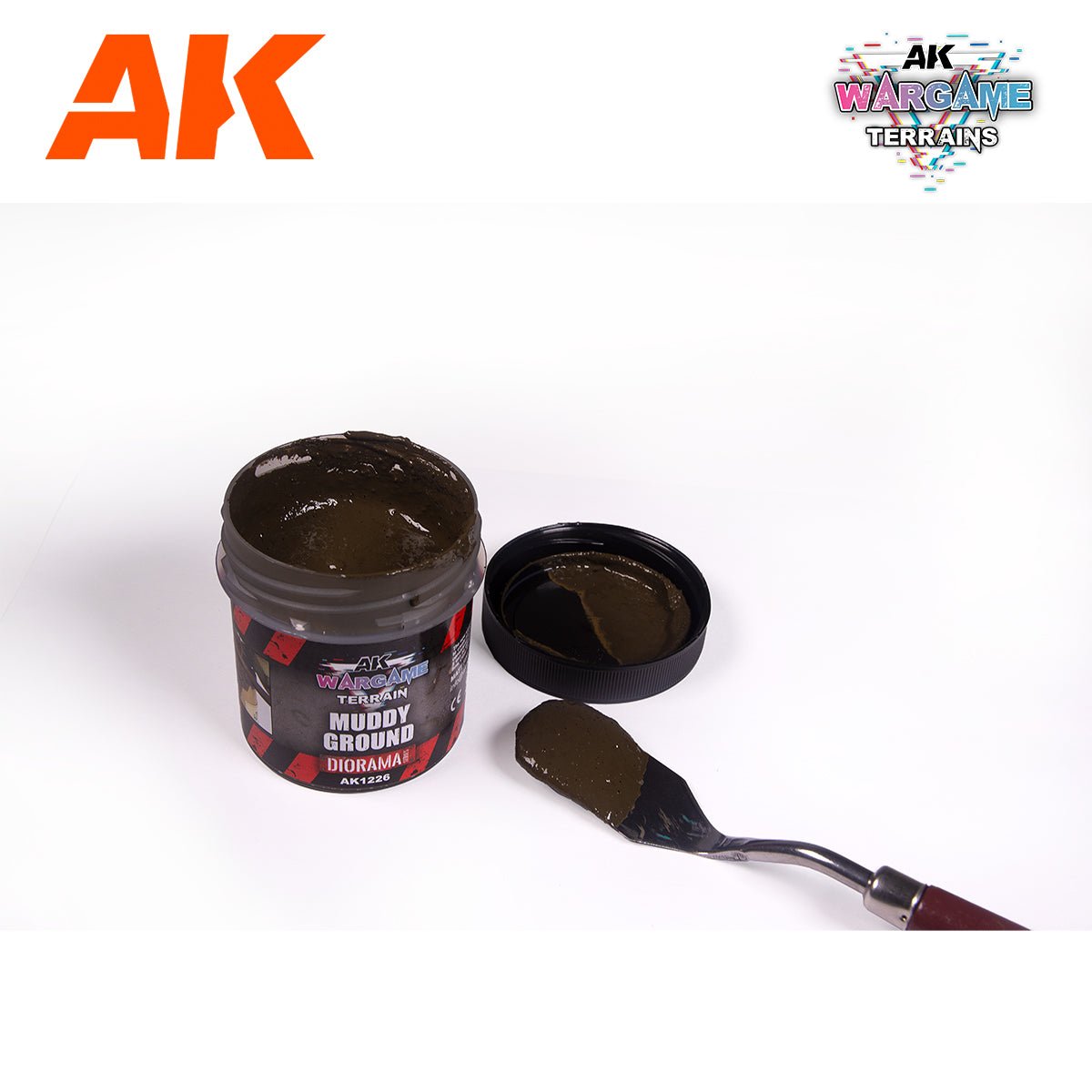 AK Interactive Muddy Ground 100ml Wargame Terrains pot, open with a palette knife
