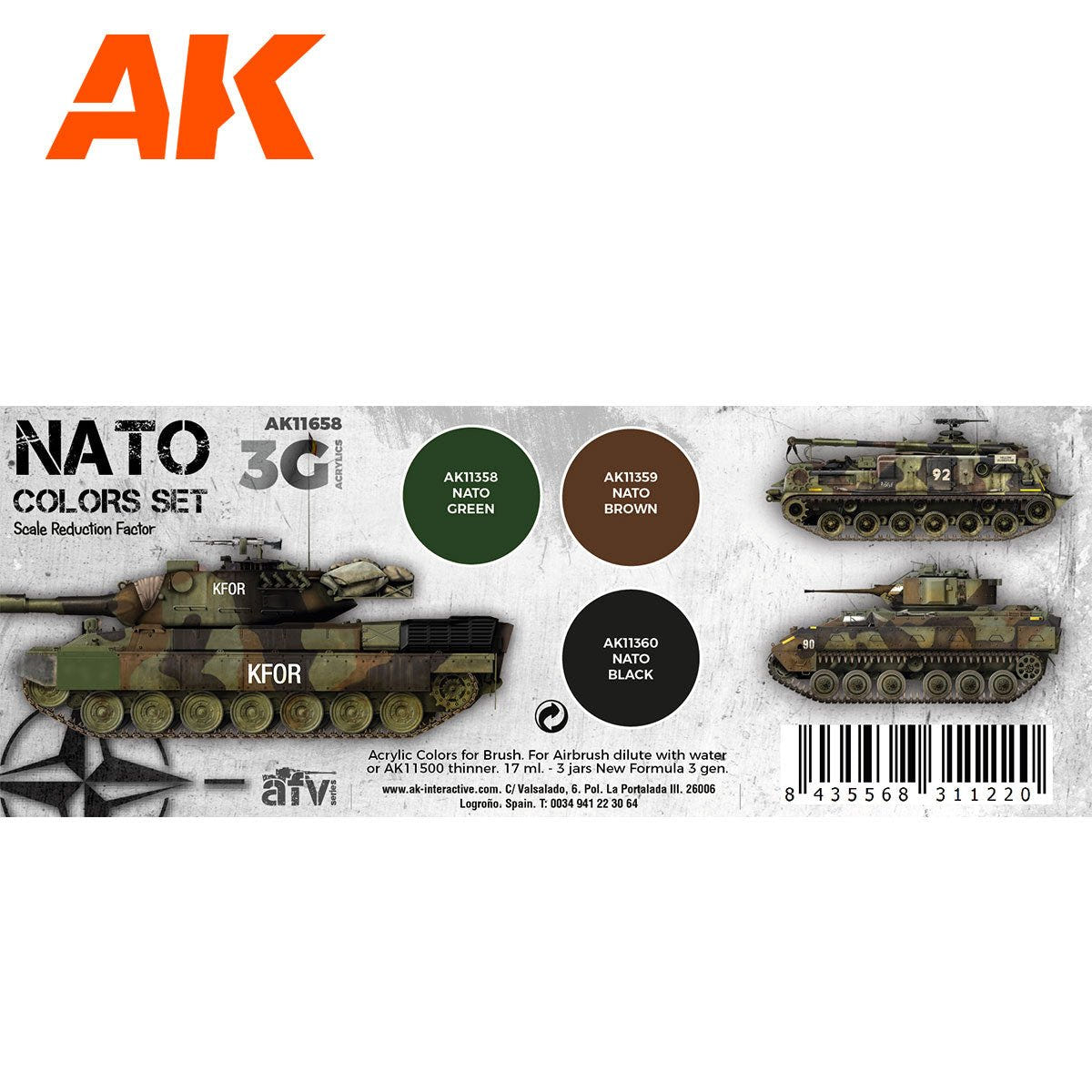 AK Interactive NATO Colors 3G set, green, brown and black swatches with camo tank profiles