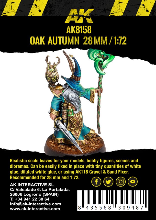 AK Interactive Oak Autumn leaves packaging with a painted miniature on a leaf-strewn base