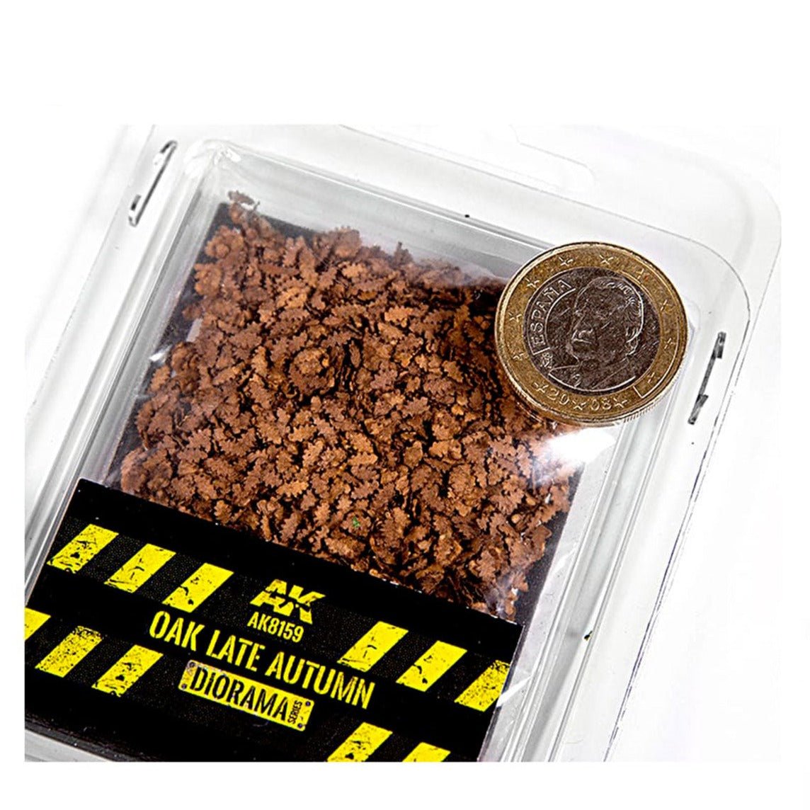 AK Interactive Oak Late Autumn Leaves AK8159, tray of brown scale leaves with a coin for size
