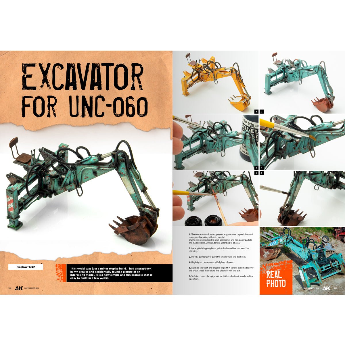 AK Paper Modelling Techniques chapter opener for an excavator build, with step photos