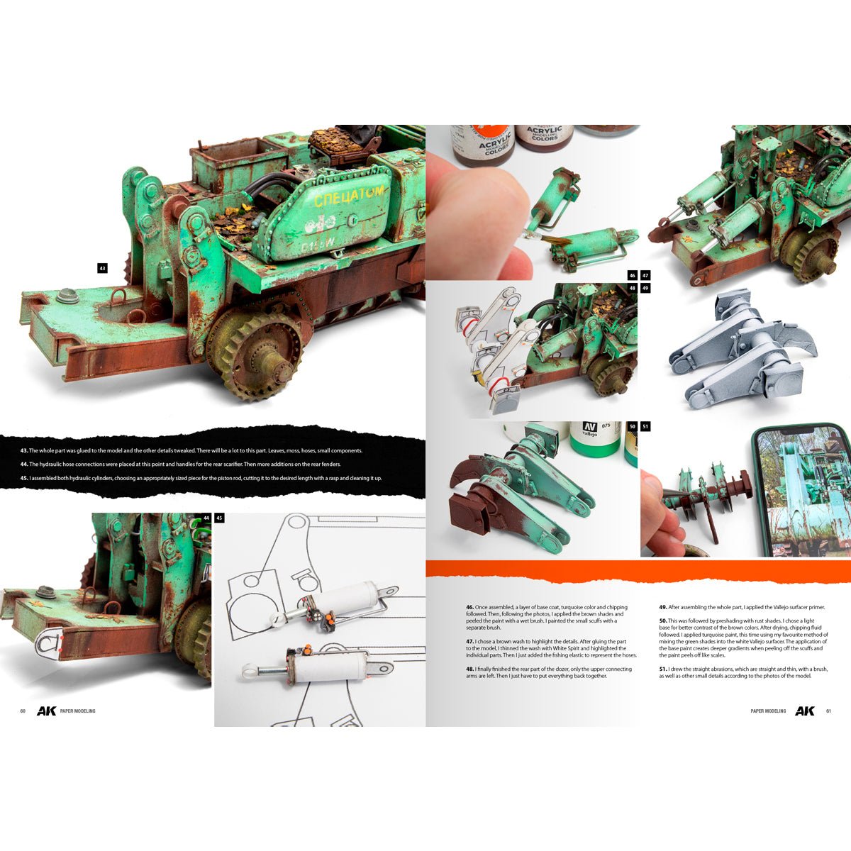Pages on weathering a green card vehicle model, from AK Paper Modelling Techniques