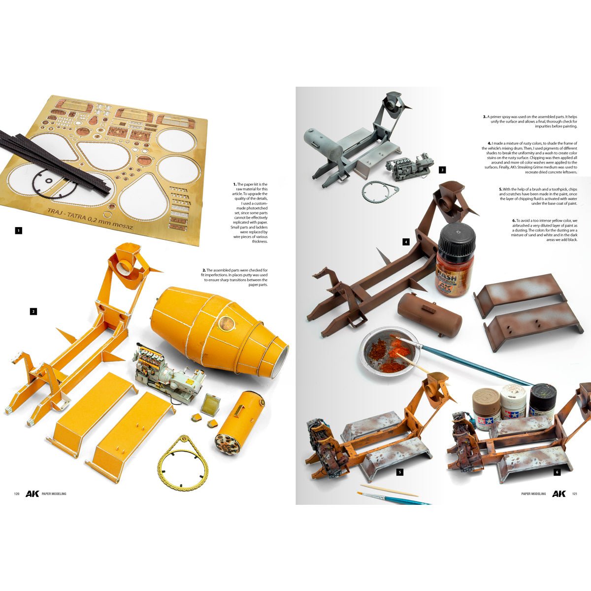 Paper Modelling Techniques pages with yellow card parts and rusted painted components